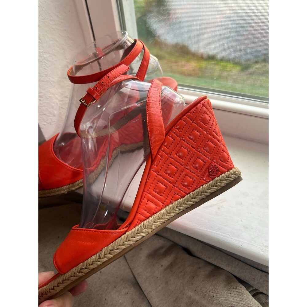 Tory Burch Marion Leather Quilted Wedge Strappy Sandals in Orange Women’s Size 9 - Picture 5 of 12
